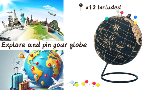 Topglobe Cork Globe 14cm Pinnable, Pins Included, Natural Cork Black