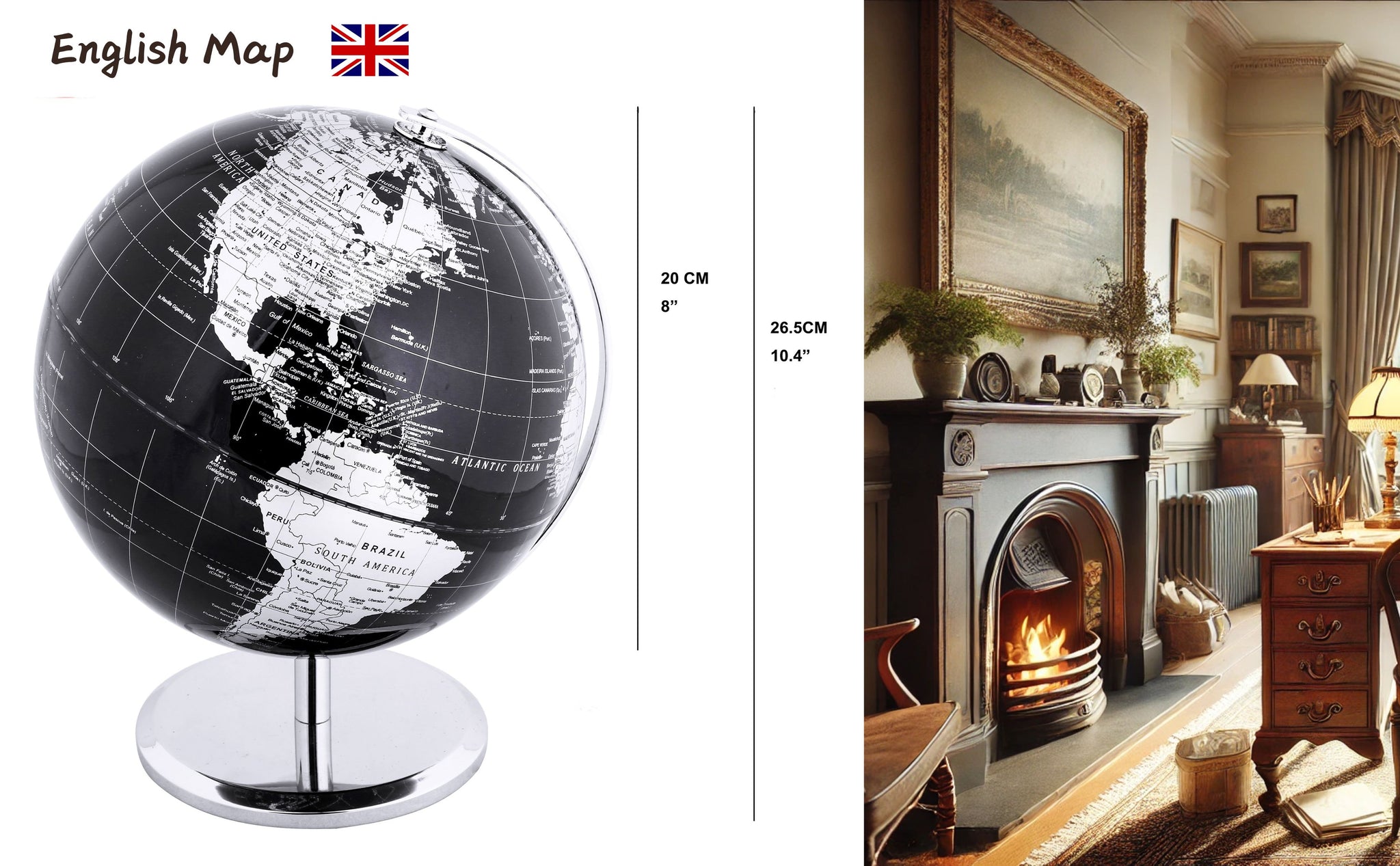 Exerz 20cm World Globe Steel Based and Arm - Metallic Black