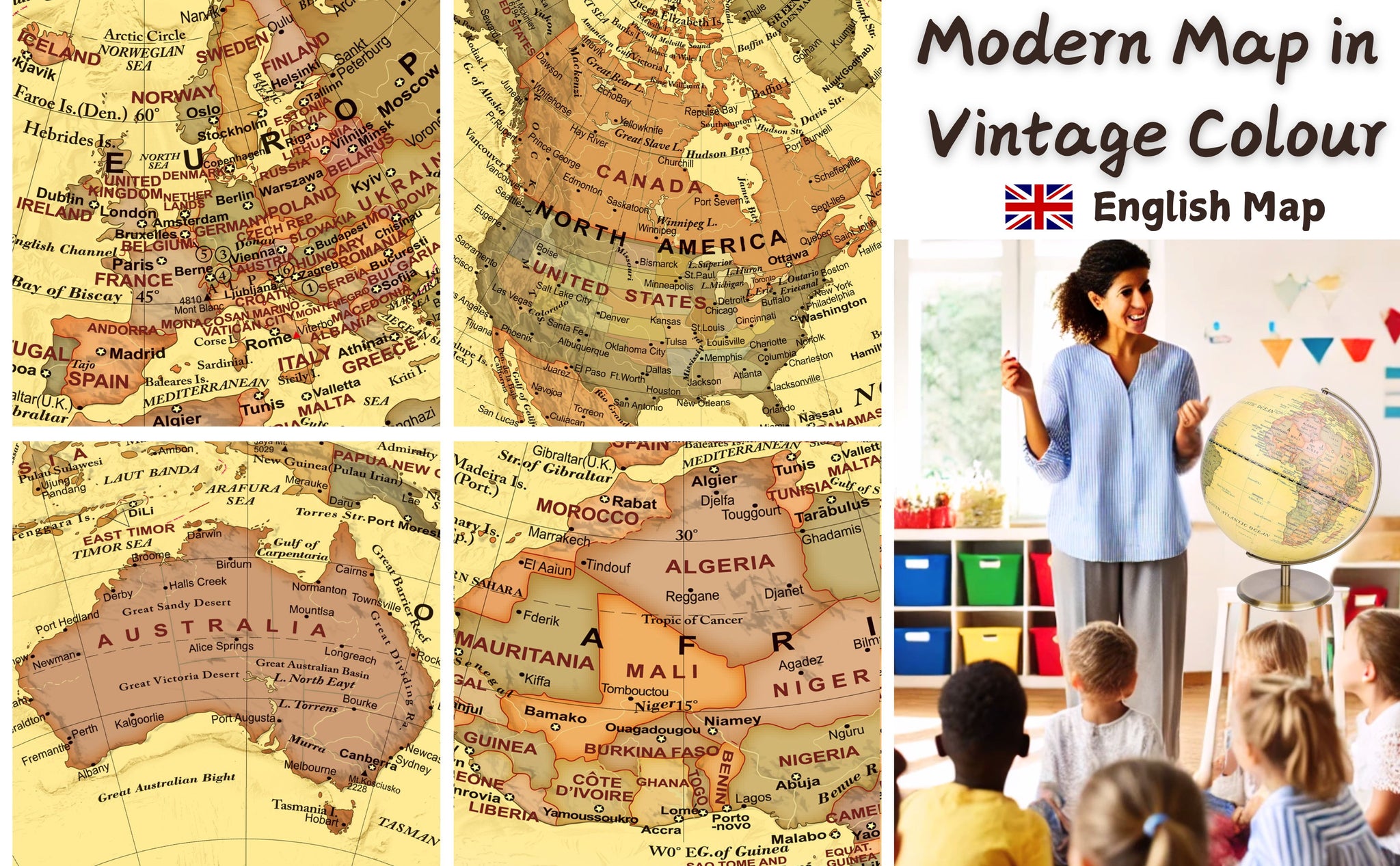 Exerz 8 Inch Antique Globe With Bronze Base - 360° Rotating Vintage World Globe For Home & Office