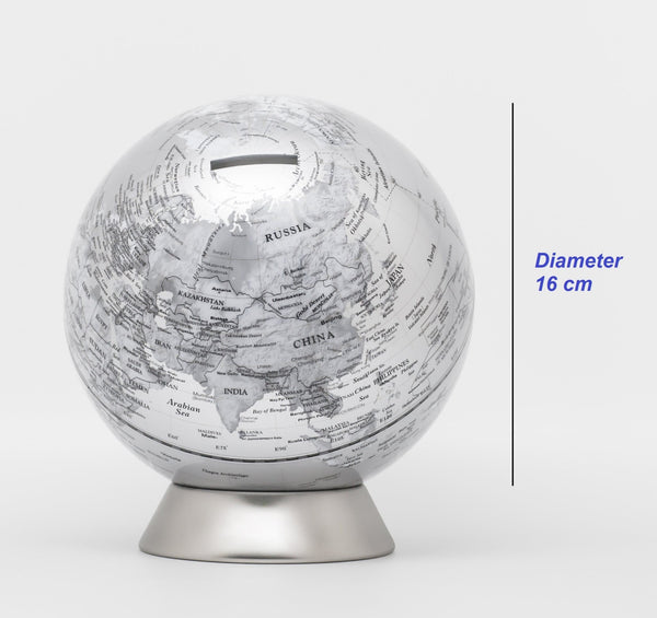 16cm Money Box Earth Globe/ Piggy Bank - Silver - Topglobe