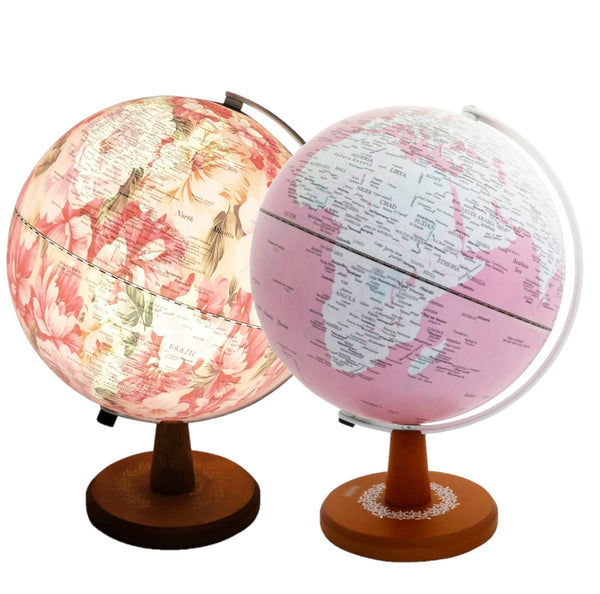 25cm Illuminated World Globe with LED Light - Flower Images Inside When lit on - Pink - Topglobe