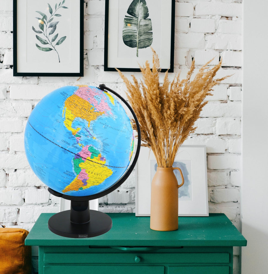 Globe Terrestre Antique Exerz 30cm - Base En Bois - Carte En Anglais - Décoration Éducative Pour Bureau Ou Maison